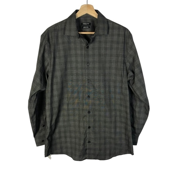 Kenneth Cole New York Gray & Black Plaid Long Sleeve Button Down M - Picture 1 of 3